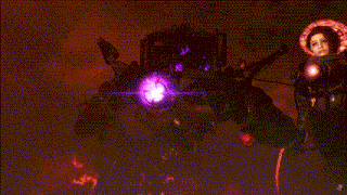 a group of people are standing in front of a giant robot in a dark room