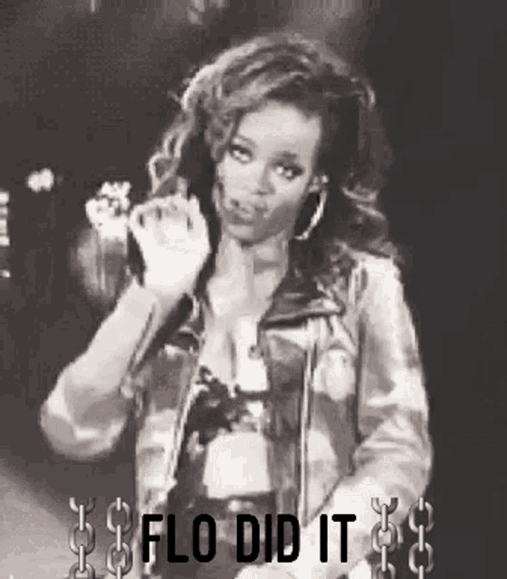 a black and white photo of a woman singing into a microphone with the words " flo did it " below her