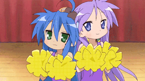 two anime girls with blue hair and purple hair cheer with yellow pom poms