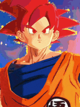 a close up of a dragon ball z character with red hair and a blue shirt