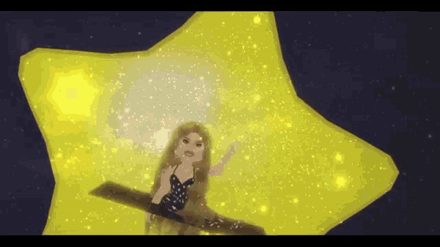 a cartoon girl is sitting on top of a yellow star in the sky .