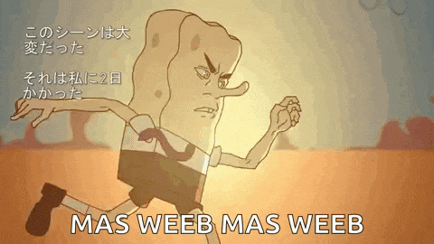 a cartoon of spongebob running with the words mas weeb mas weeb written below him .