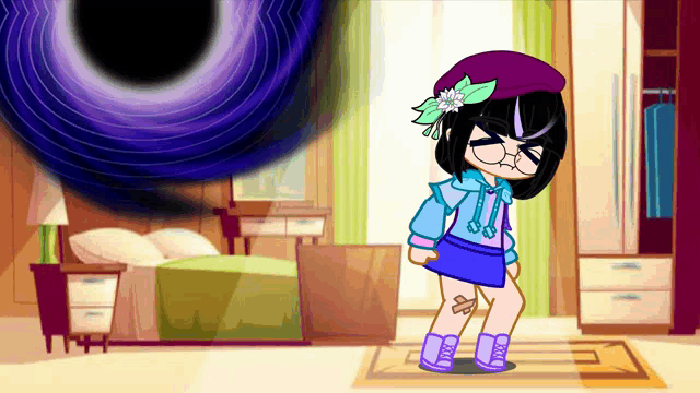 a cartoon girl is standing in a room with a black hole in the background