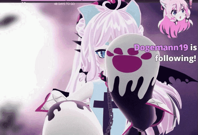 dogemann19 is following on a screen with a cartoon girl