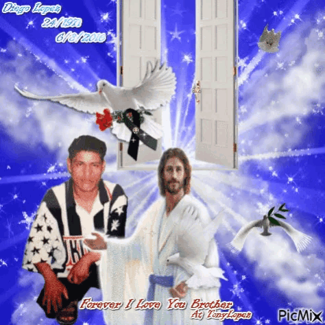 a picture of jesus holding a dove with the words forever i love you brother at the bottom