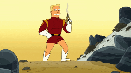 a cartoon character is holding a gun in his right hand