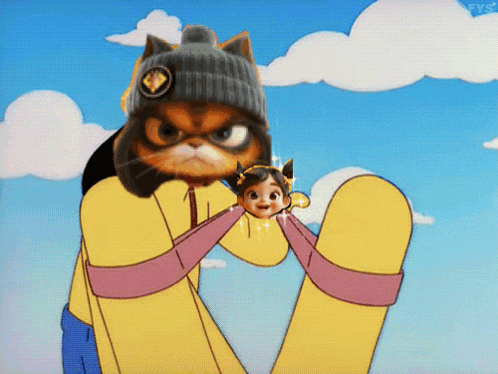 a cartoon of a cat holding a baby with the letters fvs on the bottom right