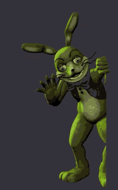 a green bunny with a purple bow tie is waving his hand