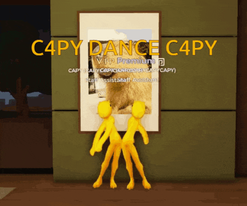 two yellow figures are dancing in front of a picture that says c4py dance c4py vip premium