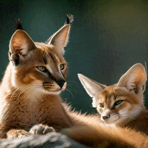 a cat and a kitten are laying on a rock and looking at the camera