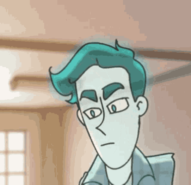a cartoon of a man with blue hair is standing in a room with a window .