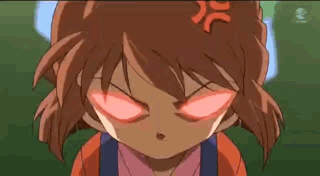 a close up of a cartoon character with purple eyes and a red angry face .