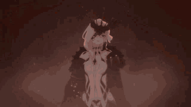 a girl with a crown on her head is standing in the dark .