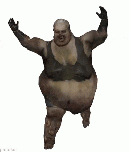 a fat zombie is standing with his arms outstretched .