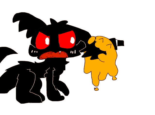a cartoon drawing of a black cat with red eyes standing next to a yellow monster