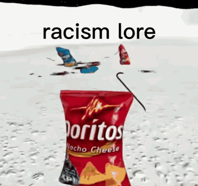 a bag of doritos nacho cheese chips is sitting on a snowy surface .