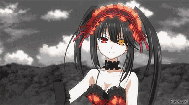 a black and white drawing of a girl with a red headband and the word rammyscept on the bottom right