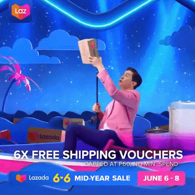 an ad for lazada shows a man in a pink suit holding a book