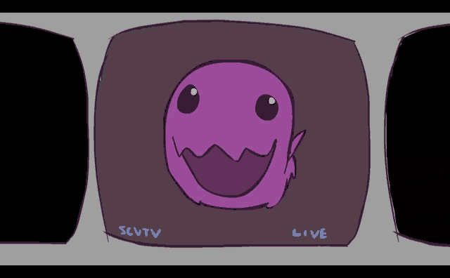 a cartoon drawing of a purple monster with the words slvtv and live underneath it
