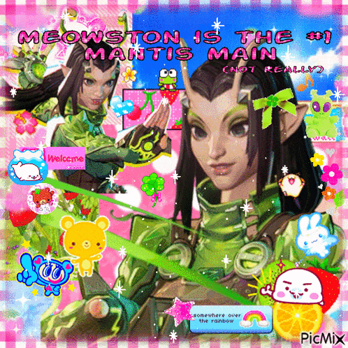 a picture of a girl with horns and the words meowston is the # 1 mantis main