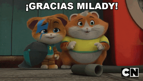 two cartoon cats are standing next to each other with the words gracias milady written above them