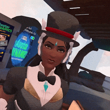 a woman in a top hat stands in front of an avatar dynamic sign