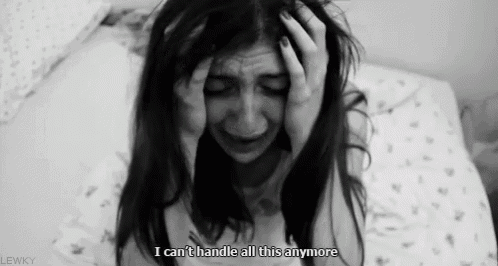 a black and white photo of a woman crying with the words i can 't handle all this anymore