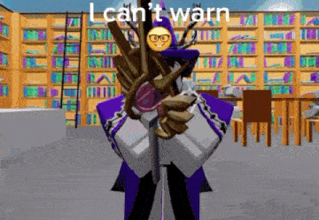 a cartoon character is standing in front of a library holding a sword .