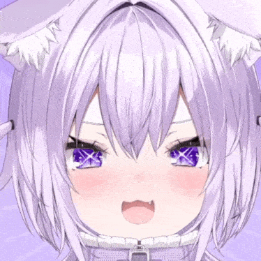 a close up of a anime character with purple eyes and the letter m on her neck