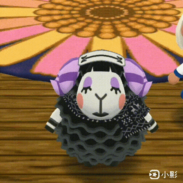 a black and white sheep with purple horns is standing on a wooden floor in a video game .