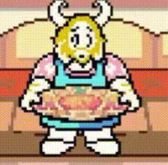 a pixel art cartoon character is holding a pie in his hand .