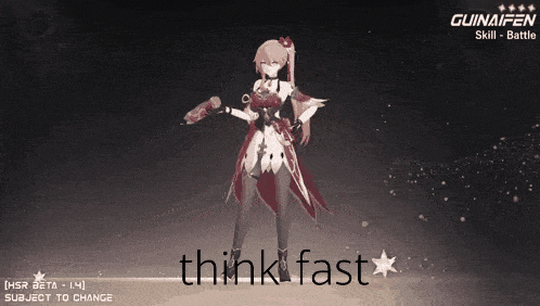 a girl in a red dress is holding a gun and the words think fast are visible