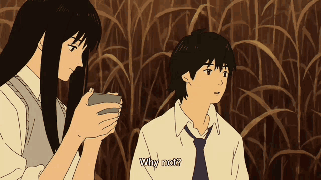 a boy and a girl are standing next to each other and the girl is asking the boy why not