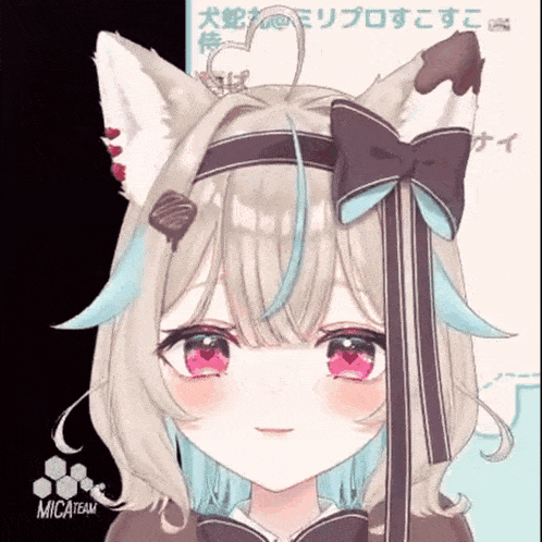 a close up of a anime girl with cat ears and a bow