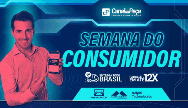 a man holding a cell phone in front of a sign that says semana do consumer