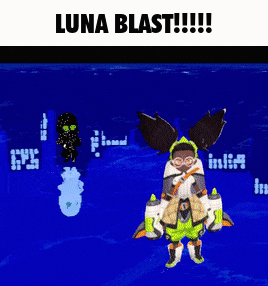a video game character is standing in front of a screen that says luna blast on it