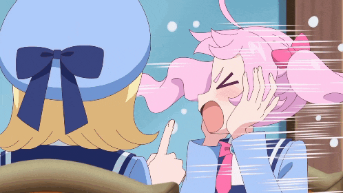 a cartoon girl with pink hair and a blue bow on her hat