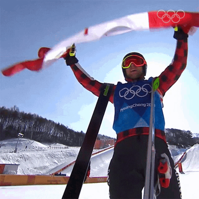 a man wearing a pyeongchang 20 vest holds a flag over his head
