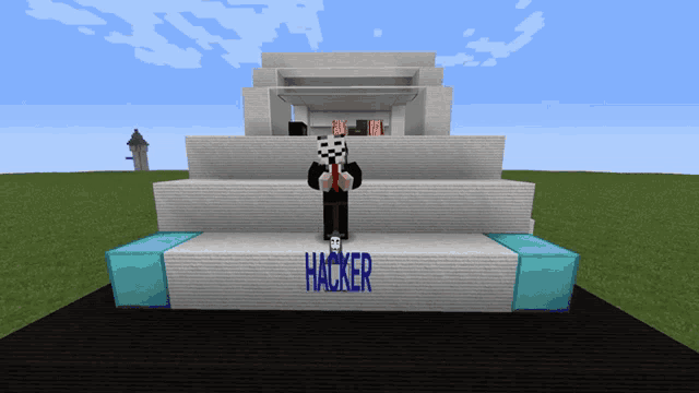 a man in a mask is standing in front of a building that says hacker on it