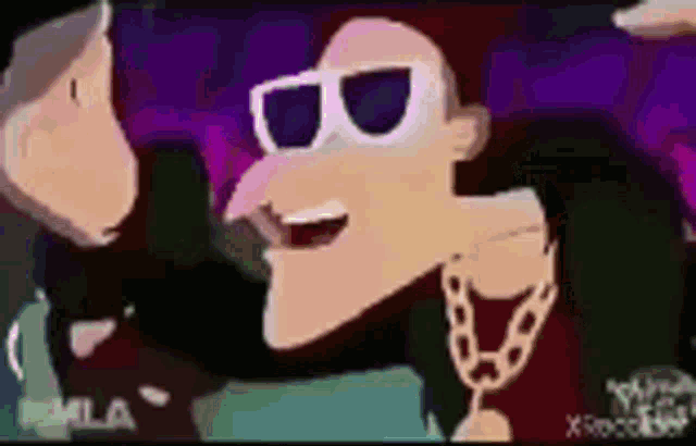 a cartoon character wearing sunglasses and a chain around his neck is smiling .