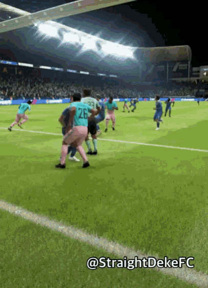 a soccer game is being played in a video game and the player in the blue jersey is number 26