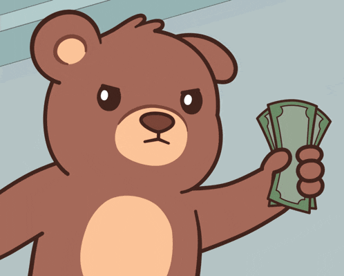 a teddy bear is holding a stack of money
