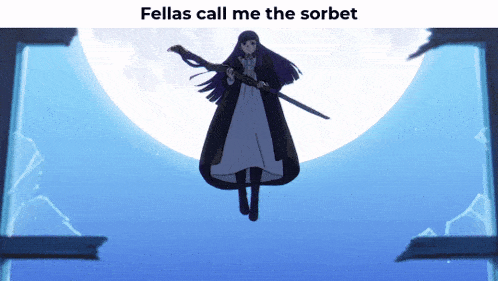 a picture of a girl holding a sword with the words fellas call me the sorbet