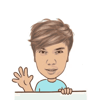 a cartoon boy is smiling and waving his hands in the air