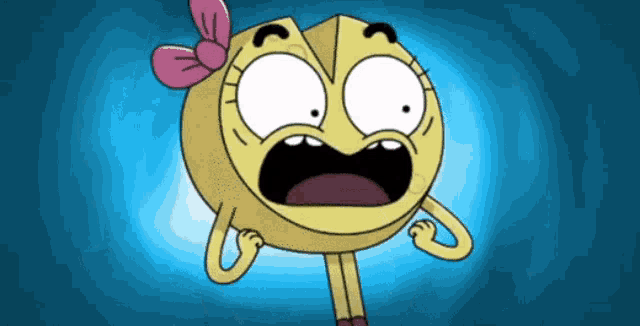 a cartoon character with a pink bow on her head making a funny face