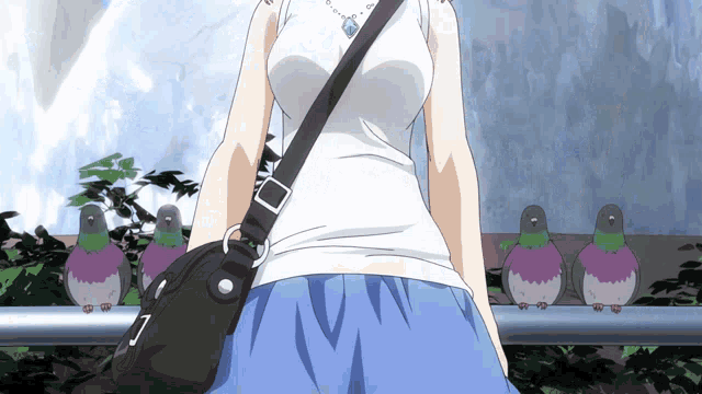 a woman in a white tank top and blue skirt is standing next to a black bag with the letter j on it