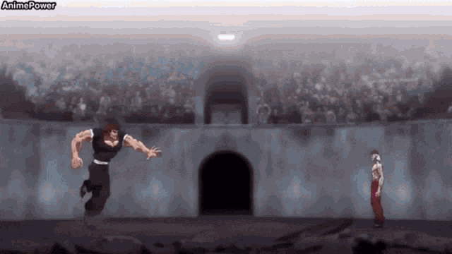 a man is running in front of another man in a stadium .