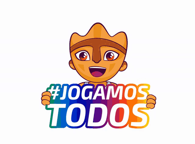 a cartoon character holds up a sign that says #jogamos todos