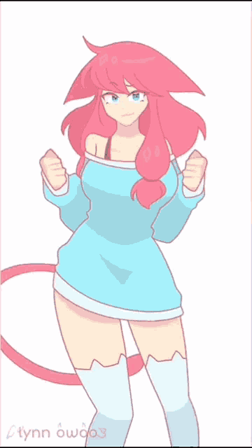 a girl with pink hair and blue eyes is wearing a blue sweater and knee high socks .