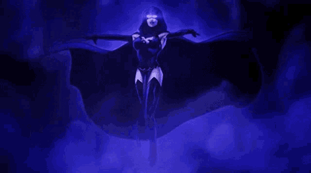 a woman in a superhero costume is flying through the air in a dark room .